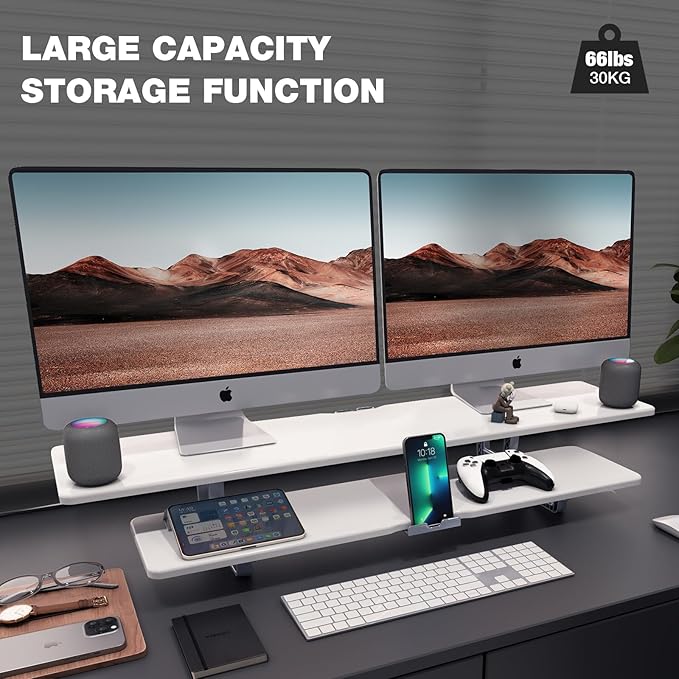 Dual Monitor Stand, 2-Tier Wood Monitor Riser with Storage Organizer and Cable Management, White-DeskLoop Office