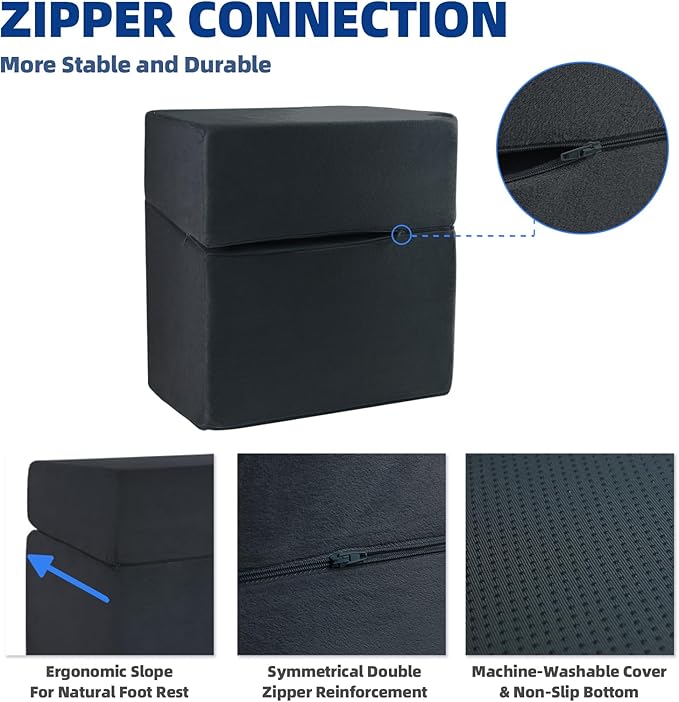 Adjustable Foot Rest for Under Desk at Work - 3-in-1 Ergonomic Foot Stool with Zipper Connection, 6.3"/11.8"/16" Height Adjustable for Office, Home & Gaming (Black)-DeskLoop Office