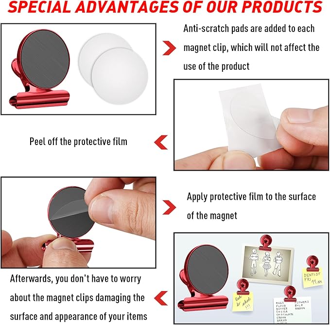 FINDMAG 12 Pack Magnetic Clips for Photo Display, Picture Hanging, Heavy Duty Scratch-Free Fridge Magnet Clips for Whiteboard, Refrigerator, Locker, Kitchen, Office, Magnetic Clips for Photo, Red.-DeskLoop Office