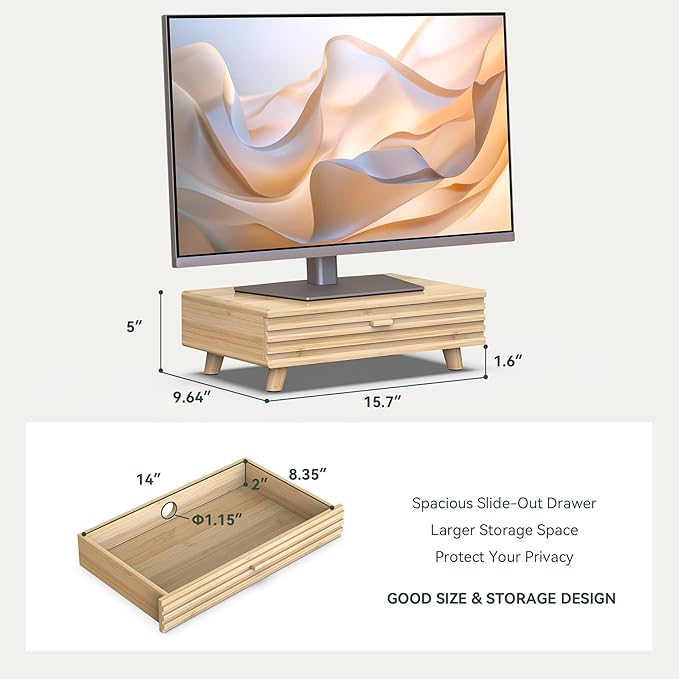 Bamboo Monitor Stand with Drawer - Desk Organizer with Cable Management & Storage, Ergonomic Laptop Riser for Home Office (220lbs Capacity, 15.7 inch ,Natural)-DeskLoop Office