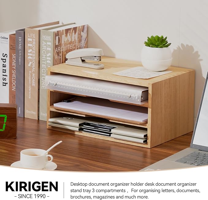 KIRIGEN Wooden Desktop Organizer Paper Storage Letter Tray File Sorter - Desk Rack Magazine File Dividers Holders for Home Office Accessories Wood Desk Cabinet with 3 Layer Trays Natural(3KWJG-NA)-DeskLoop Office