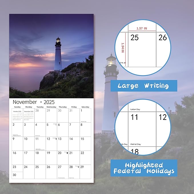 2025 Wall Calendar,Calendar 2026, July 2025 - December 2026, Wall Calendar Lighthouses, 12" x 24" Opened,Full Page Months Thick & Sturdy Paper for Calendar Organizing & Planning-DeskLoop Office