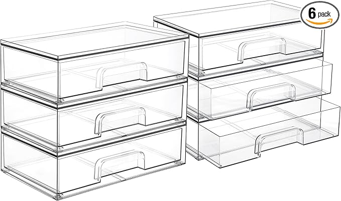 Vtopmart 12.1''W Clear Stackable Storage Drawers,6 Pack Acrylic Plastic Organizers Bins for Makeup Palettes, Cosmetics, and Beauty Supplies,Ideal for Vanity, Bathroom,Cabinet,Desk Organization-DeskLoop Office