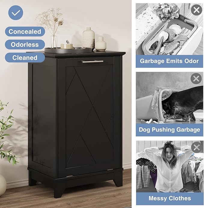 Tilt Out Trash Cabinet, Kitchen Trash Can Cabinet w/Negative ion and deodorizing Function, Dog Proof 10 Gallon Garbage Can Cabinet for Kitchen, Bathroom, Living Room, Black-DeskLoop Office