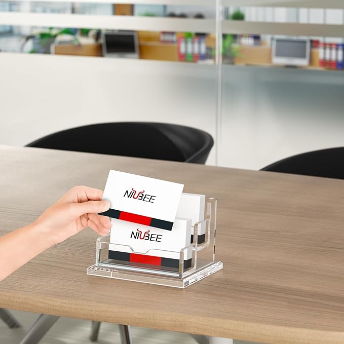 NIUBEE Clear Business Card Holder 2 Tier Acrylic Business Card Stand, 2 Slots Business Card Display for Desk Counter, 150 Card Capacity, 1 Pack-DeskLoop Office