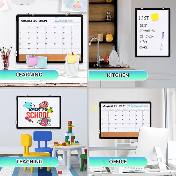 Monthly Calendar Whiteboard, 24"x18" Dry Erase Cork Board Combination for Wall, Magnetic Dry Erase Board, Double-Sided White Board, Portable Board for Office, Kitchen, Planning, Memo, School, Home-DeskLoop Office