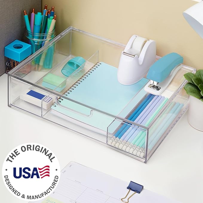 STORi STAX Plastic Stackable Organizer Divided Drawer in Clear | 12.5-inches Wide | 3-Compartments to Organize Office Desk Accessories, Pens, and Notepads| Made in USA-DeskLoop Office
