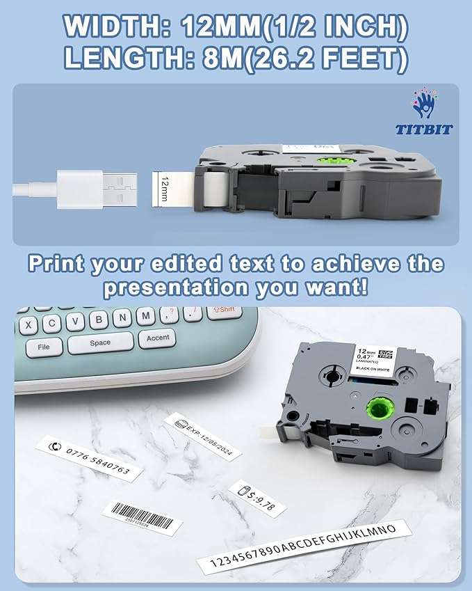 TITBIT 12mm Label Maker Tape Refill Compatible with Brother P Touch Label Tape TZe TZ Tape 0.47 Laminated 1/2" Black on White TZe-231 TZE231 for PTD210 PTD220 PTH110 PTE110 PTD410 PTP710BT, 2-Pack-DeskLoop Office