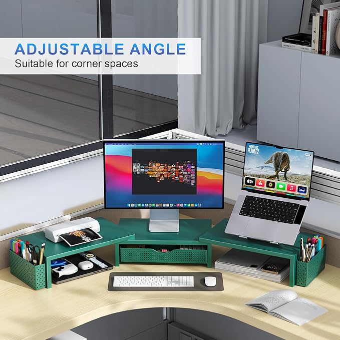 gianotter Dual Monitor Stand Riser, Desk Organizer With Drawer and 2 Pen Holders, Monitor Stand for Desk, Office Decor Essentials (Green)-DeskLoop Office