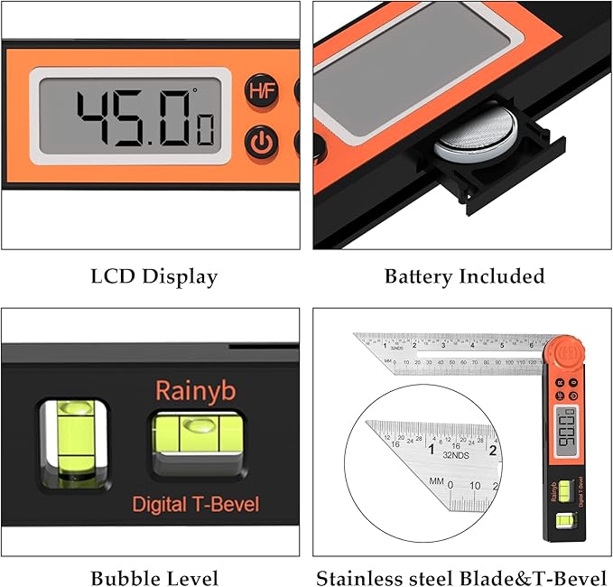 Digital Angle Finder Protractor 0-360 Degree T-Bevel Gauge & Protractor with Horizontal Vertical Bubble & Full LCD Display for Woodworking, Metalworking, Construction(7-Inch X 2Pcs)-DeskLoop Office