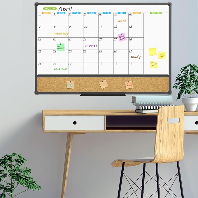 JILoffice Magnetic Calendar Whiteboard & Bulletin Corkboard Combination, Combo Board 36 x 24 Inch, Black Aluminum Frame Wall Mounted Board for Office Home and School with 10 Push Pins-DeskLoop Office