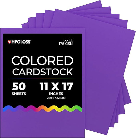 Hygloss Purple Bright Colored Cardstock - 11x17-Inch, 50 Sheets, 65 lb/ 176 gsm, Fade-Resistant, Acid-Free Color Card Stock Paper-DeskLoop Office