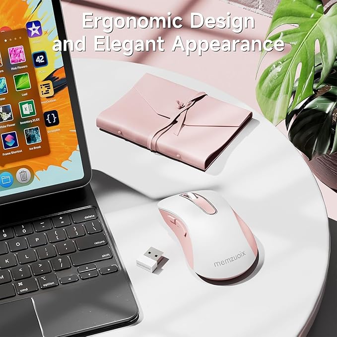 memzuoix 2.4G Wireless Mouse, 1400 DPI Computer Mice with USB Receiver, Portable Wireless USB Mouse Battery Powered Cordless Mice for Laptop, PC, Desktop, 5 Buttons (White Pink)-DeskLoop Office