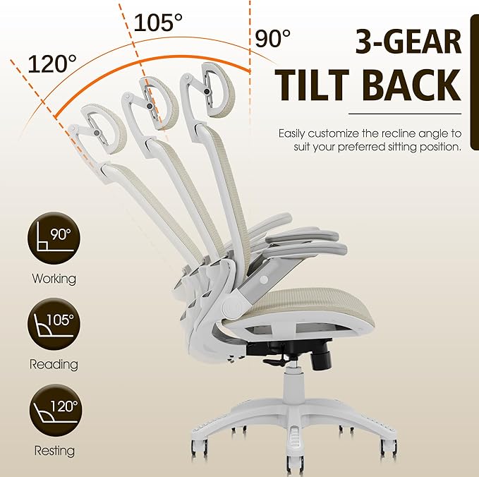 GABRYLLY Ergonomic Office Chair, High Back Home Desk Chair with Headrest, Flip-Up Arms, 90-120° Tilt Lock and Wide Cushion, 400LBS Mesh Chairs for Man Woman, White Task Chair(Beige,GY01WBG)-DeskLoop Office