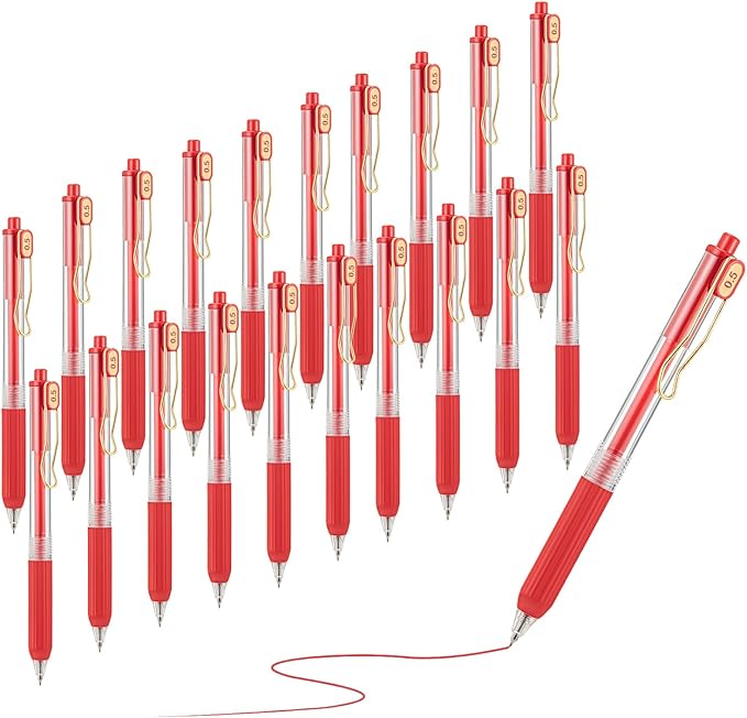 Aozora 20 Pack Red Gel Pens Fine Point Smooth Writing Pens Retractable Red Ink Pen with Soft Grip 0.5mm Quick Dry Office School Supplies Gold Clip-DeskLoop Office