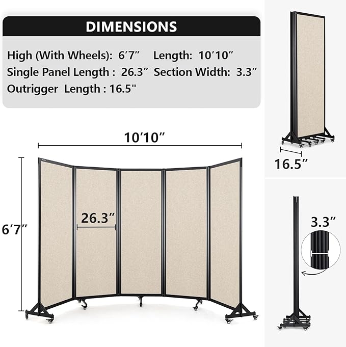 Room Partition,Folding Privacy Divider,Office Partition Dividers,Office Dividers Wall, 10'6"W x 6'7"H,Beige-DeskLoop Office