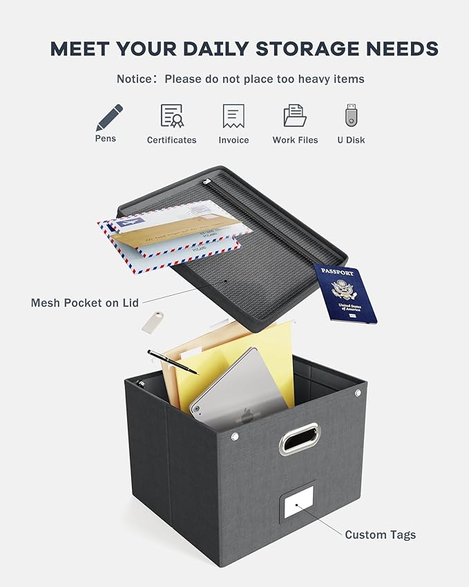 Oterri File Organizer Box with Lid,Large Hanging Filing Box with Mesh Pocket, Document Organizer for Letter Files, Portable Storage Case with Smooth Sliding Rail for Office&Home (1 PCS, Dark grey)-DeskLoop Office