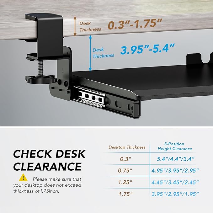 Keyboard Tray Under Desk Pull Out with Extra Sturdy C Clamp Mount System, 27.3 (32.5 inch Including Clamps) x 11 Inch Slide-Out Platform Computer Drawer for Typing Black AX01WB01-DeskLoop Office