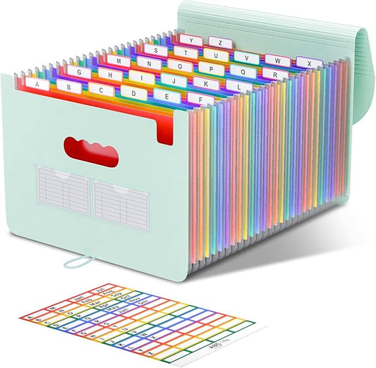 ABC life 26 Pockets Accordian File Organizer Expanding File Folders, Portable Letter A4 Size Filing Box,Plastic Monthly Receipt Document Organizer with Colored Tabs (Sage Green)-DeskLoop Office