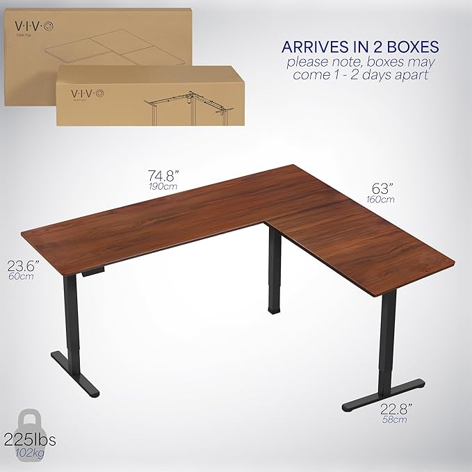 VIVO Electric Corner L-Shaped 75 x 63 in Standing Desk, Memory Height Adjustment, Dark Walnut Top Black Frame, DESK-E3CTD-75-DeskLoop Office