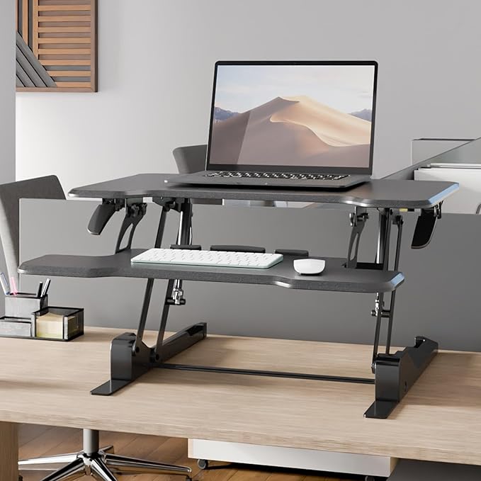 Mount-It! Height Adjustable Standing Desk Converter, Compact 30” Wide Tabletop Standing Desk Riser with Gas Spring, Desktop Stand Up Workstation with Keyboard Tray Fits Monitor or Laptop, Black-DeskLoop Office