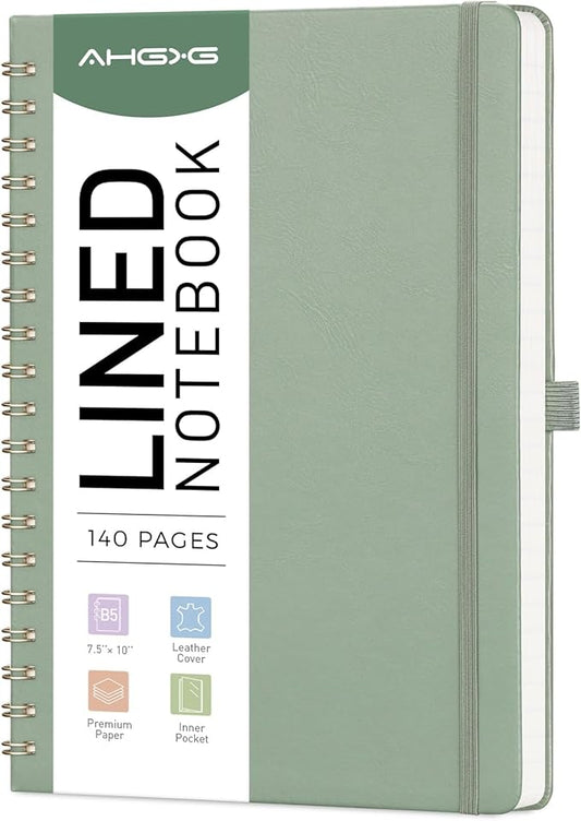 AHGXG Lined Spiral Journal Notebook, B5 Large Notebooks for Women Men, 140 Pages Hardcover Leather Notebook College Ruled, 100 GSM Paper, Notebooks for Work School Note Taking, 7.6" x 10", Sage Green-DeskLoop Office