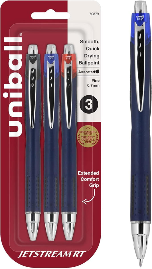 Uni-Ball Jetstream RT 3 Pack, 0.7mm - Black, Blue and Red Ballpoint Pens - Wirecutter Best Pen, School Pens, Ballpoint Ink Pens - Ballpoint Pen, Colored Pens, School Supplies, Smooth Writing Pens-DeskLoop Office
