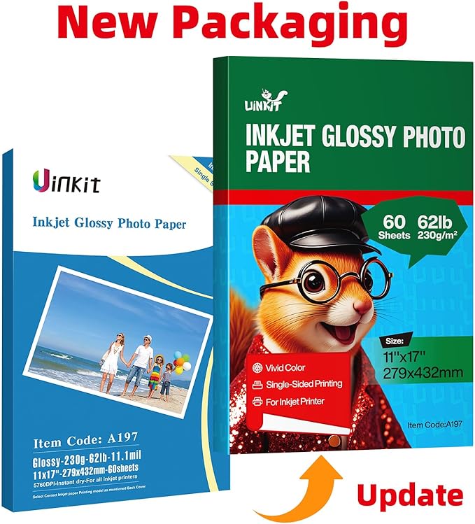 Uinkit 11 x 17 Thick Photo Paper Glossy 11x17 60Sheets 62lb Inkjet Heavyweight 230gsm Gallery show Brochure Pictures Funeral Bulletin Obituary Papers Obituaries Gloss Papers-DeskLoop Office