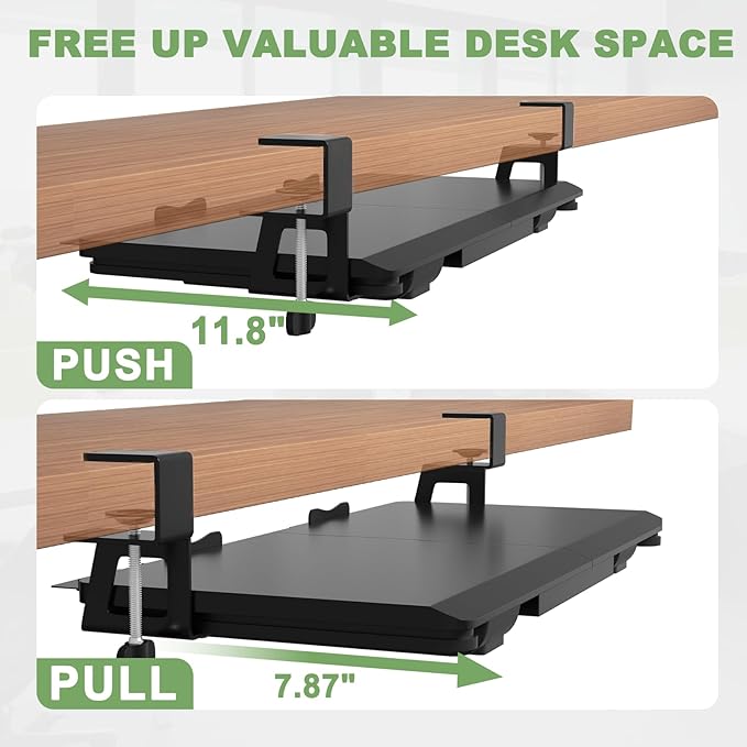 Keyboard Tray Under Desk Slide Out with Drawer, 27"x 11.8" Large Size, Pull Out Desktop Extender Holder with Sturdy C-Clamp Mount for Home Office, Black-DeskLoop Office