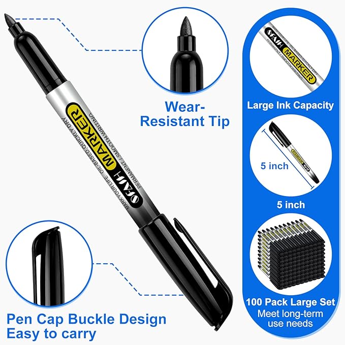 SFAIH 100 Black Permanent Markers Bulk -1s Quick Dry, Waterproof, Non-Fading, Durable, Fine Point Permanent Pens for Plastic Glass Metal Wood Paper, Office Supplies, Classroom Kitchen, Cargo Marking-DeskLoop Office