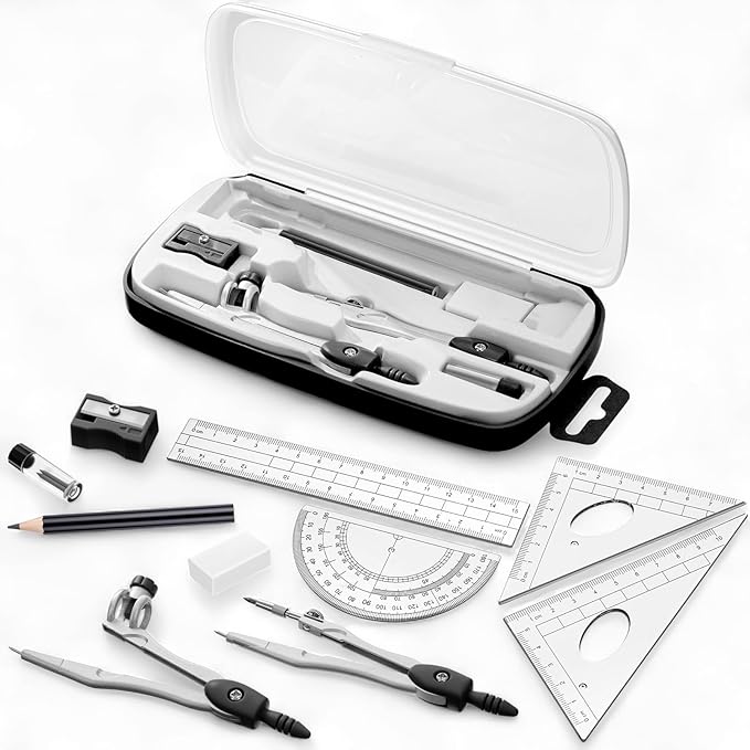 Zonon Math Geometry Set 10 Pcs Student Supplies with Shatterproof Storage Box, Includes Rulers Protractor Compass Pencil Sharpener Lead Refills Eraser Pencil for Drafting and Drawings (Black)-DeskLoop Office