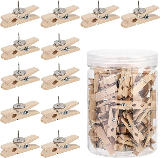 100Pcs Push Pin with Wooden Clips Tacks for Cork Board Artwork for Bulletin Board Crafts Arts Projects Photo Supplies(Wood Color)-DeskLoop Office