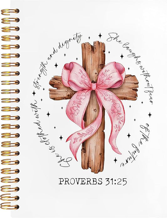 BearCake Proverbs 31 Woman Christian Notebook Journal, Preppy Christian Gifts for Women, Pink Coquette Bow Prayer Journal for Women, Bible Journaling Hardcover Spiral Notebook 5.5x8.3-DeskLoop Office