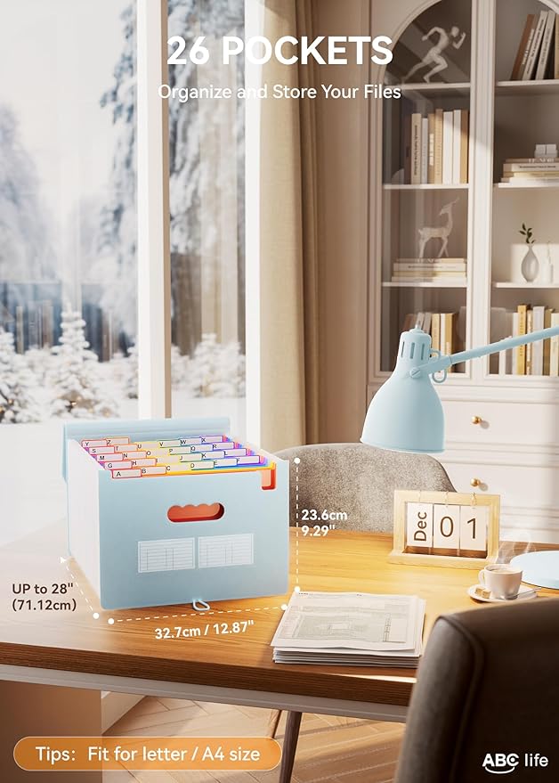 ABC life 26 Pockets Accordian File Organizer Expanding File Folders, Portable Letter A4 Size Filing Box,Plastic Monthly Receipt Document Organizer with Colored Tabs (Light Blue)-DeskLoop Office