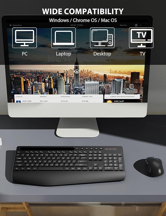 Wireless Keyboard and Mouse Combo - Full-Sized Ergonomic Keyboard with Wrist Rest, Phone Holder, Sleep Mode, Silent 2.4GHz Cordless Keyboard Mouse Combo for Computer, Laptop, PC, Mac, Windows -Trueque-DeskLoop Office