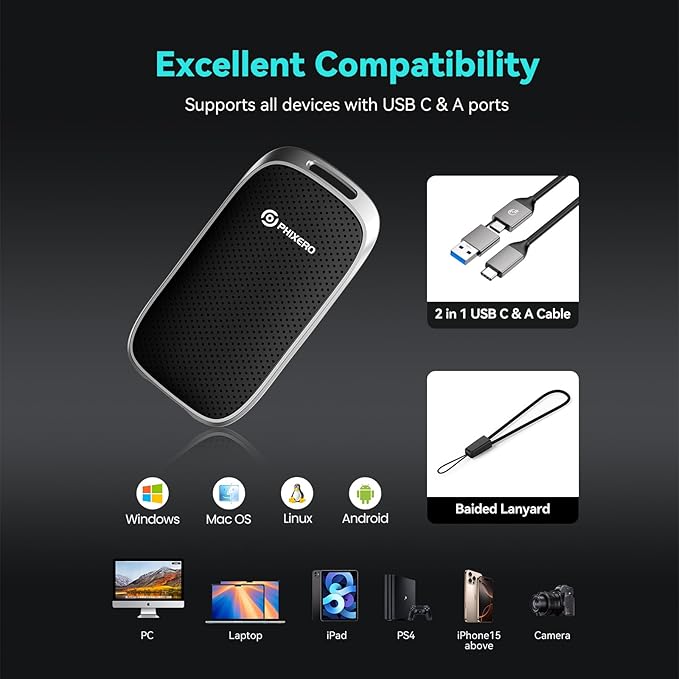 PHIXERO P5 1TB External Portable SSD - 5Gbps External Hard Drive with 2-in-1 USB C to C & USB C to A Cable for PC, Mac, PS5, Xbox | Anti-Shock, Compact Design with Lanyard Hole,Black-DeskLoop Office