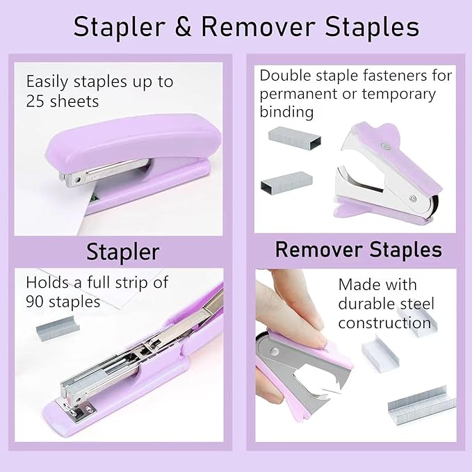 Purple Desk Accessories, Pink Office Supplies Set with Stapler, Tape Dispenser, Staple Remover, Pen Holder, Scissor, Binder/Paper Clips, Ballpoint Pen, Clear Tape and 1000pcs Staples-DeskLoop Office