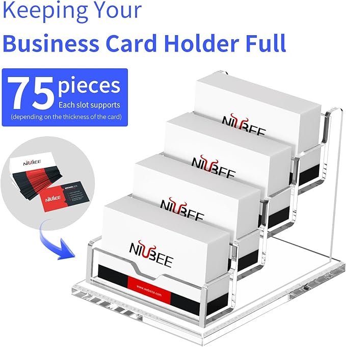 NIUBEE Clear Business Cards Holders 4 Tier Acrylic Card Holder for Business Cards, 4 Slots Business Card Display for Desk Counter, 300 Card Capacity, 1 Pack-DeskLoop Office