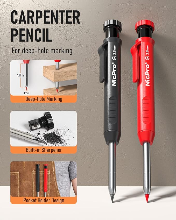 Nicpro Carpenter Pencil with Sharpener, Mechanical Pencils Set with 26 Refills, Deep Hole Marker for Construction, Heavy Duty Woodworking Tools for Architect (Black, Red) - With Case-DeskLoop Office
