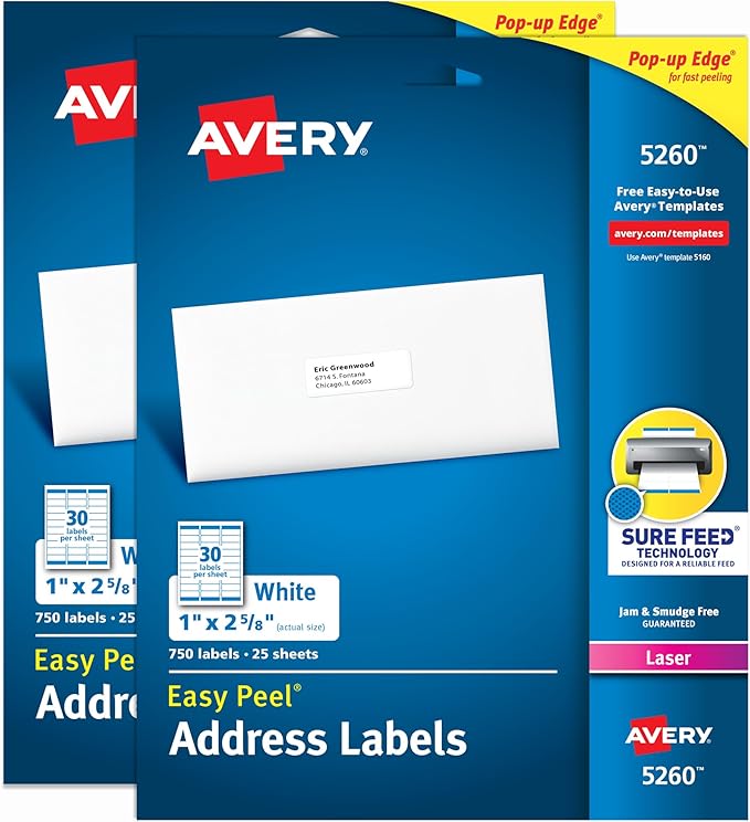 Avery Easy Peel Printable Address Labels with Sure Feed, 1" x 2-5/8" Customizable Stickers, White, 1,500 Blank Mailing Labels, Great for Mailing, Shipping, and More (2-Pack of 5260)-DeskLoop Office