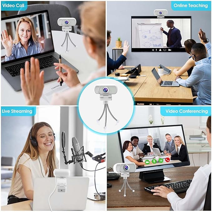 Webcam with Tripod Privacy Shutter: 1080P FHD Web Camera with Mic, Plug & Play USB A USB C Webcam with Stand, White Wide Angle Noise-Canceling Microphone Compact Web Cam for Online Meeting Classes-DeskLoop Office