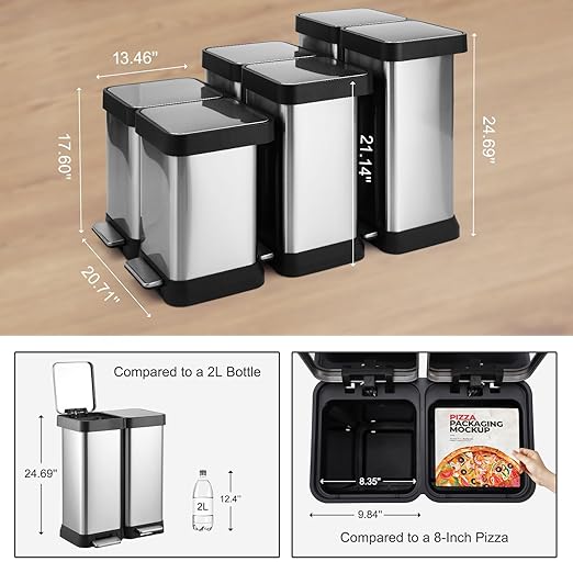 16 Gallon Dual Compartment Trash Can, 2 x 30L Fingerprint Resistant Stainless Steel Kitchen Garbage Can with 2 Soft-Close Lid & Foot Pedal for Kitchen Office Bathroom, Without Inner Bucket-DeskLoop Office