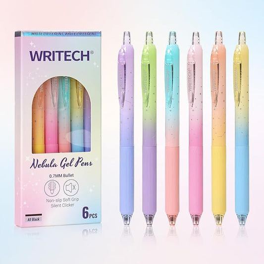 WRITECH Gel Pens Fine Point: 0.7mm Black Ink Retractable 6ct Smooth Writing with Aesthetic Gradient Color Barrel for Journaling Note Taking Silent Click No Smear Nebula Pen Set-DeskLoop Office