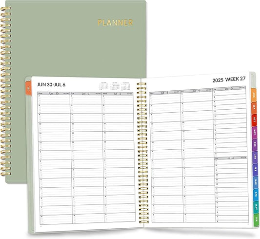 SUNEE 2025-2026 Appointment Book, Quarter-Hourly, Weekly & Monthly - from July 2025 to June 2026, 8.5"x11" Academic Planner, Flexible Cover, Note Pages, Pockets, Bookmark, Spiral Binding, Sage Green-DeskLoop Office