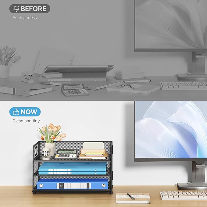 Subekyu 3 Tier Paper Letter Tray Organizer for Desk, Black Metal Mesh Desk File Folder Sorter Organizer with Handle and Sliding Tray for Home, Office, School Supplies Organization Storage-DeskLoop Office