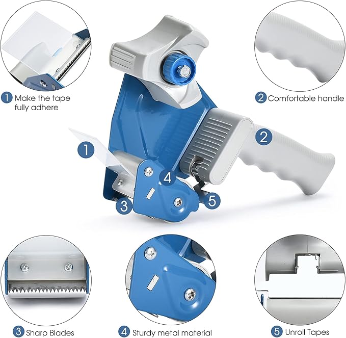 Packing Tape Dispenser Gun (4 Packs) Pacific Mailer 2 Inch Tape Gun Dispenser with 2 Inch Carton Packing Tape, Lightweight Industrial Side Loading Tape Dispenser - Blue-DeskLoop Office