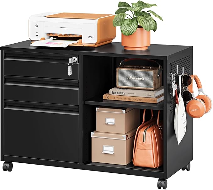 3 Drawer Metal File Cabinet with Lock,Mobile Lateral Filing Cabinet,Printer Stand Storage Cabinets with Shelves for Home Office(Black)-DeskLoop Office