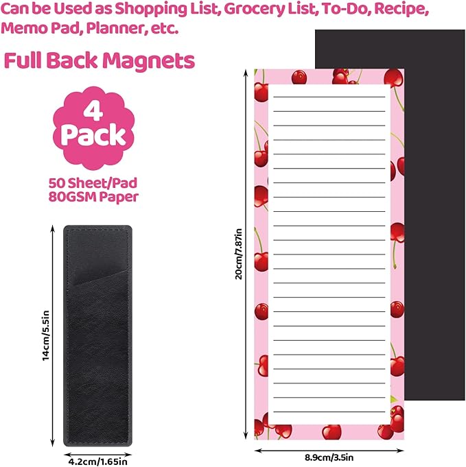4 Pack Magnetic Note Pad for Fridge with Pen Holder, Totally 200 Sheets Magnetic To Do List, Grocery List, Shopping List, Memo Pads for Refrigerator(Fruit Design)