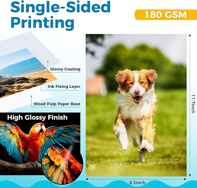 Glossy Photo Paper for Printer - 20 Sheets 8.3 x 11.7 In Inkjet Photo Printer Paper, Instant Dry Single-sided Printing Picture Paper for DIY Picture Wall, Greeting Card, Menu, Brochure, Decors-DeskLoop Office