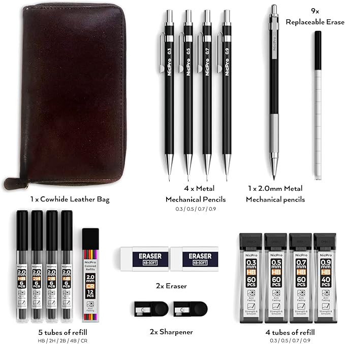 Nicpro 20PCS Black Metal Mechanical Pencil Set in Leather Case, 0.3, 0.5, 0.7, 0.9 mm & 2mm Lead Pencil Holders, (4B 2B HB 2H) Lead Refills (Black & Colors), Erasers For Art Drafting Sketching Drawing-DeskLoop Office